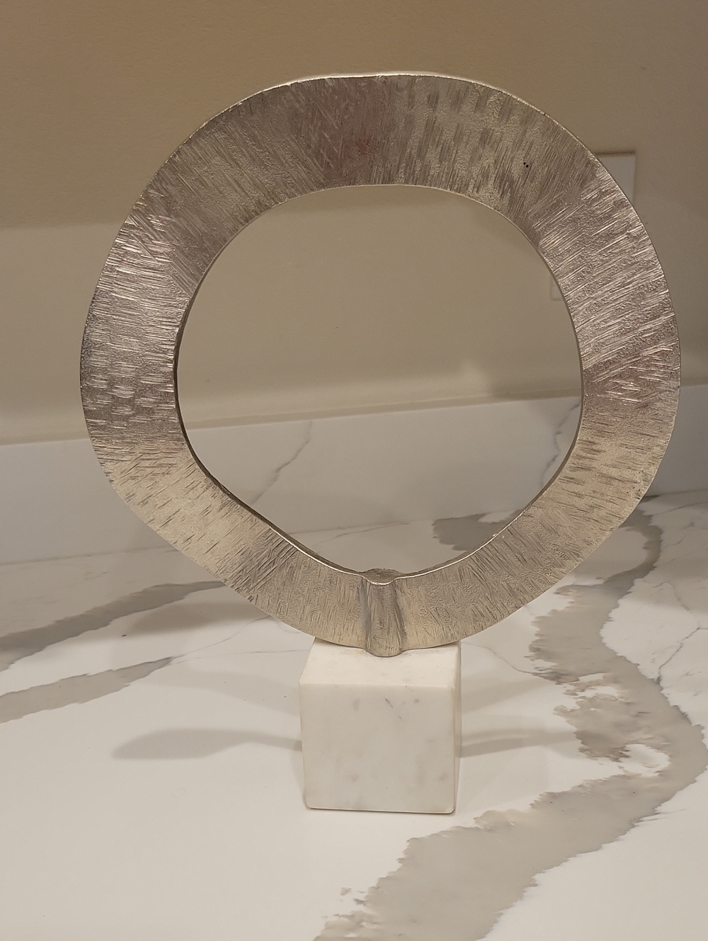 Silver Decorative Ring Sculpture on White Marble Base - Home Art Accent